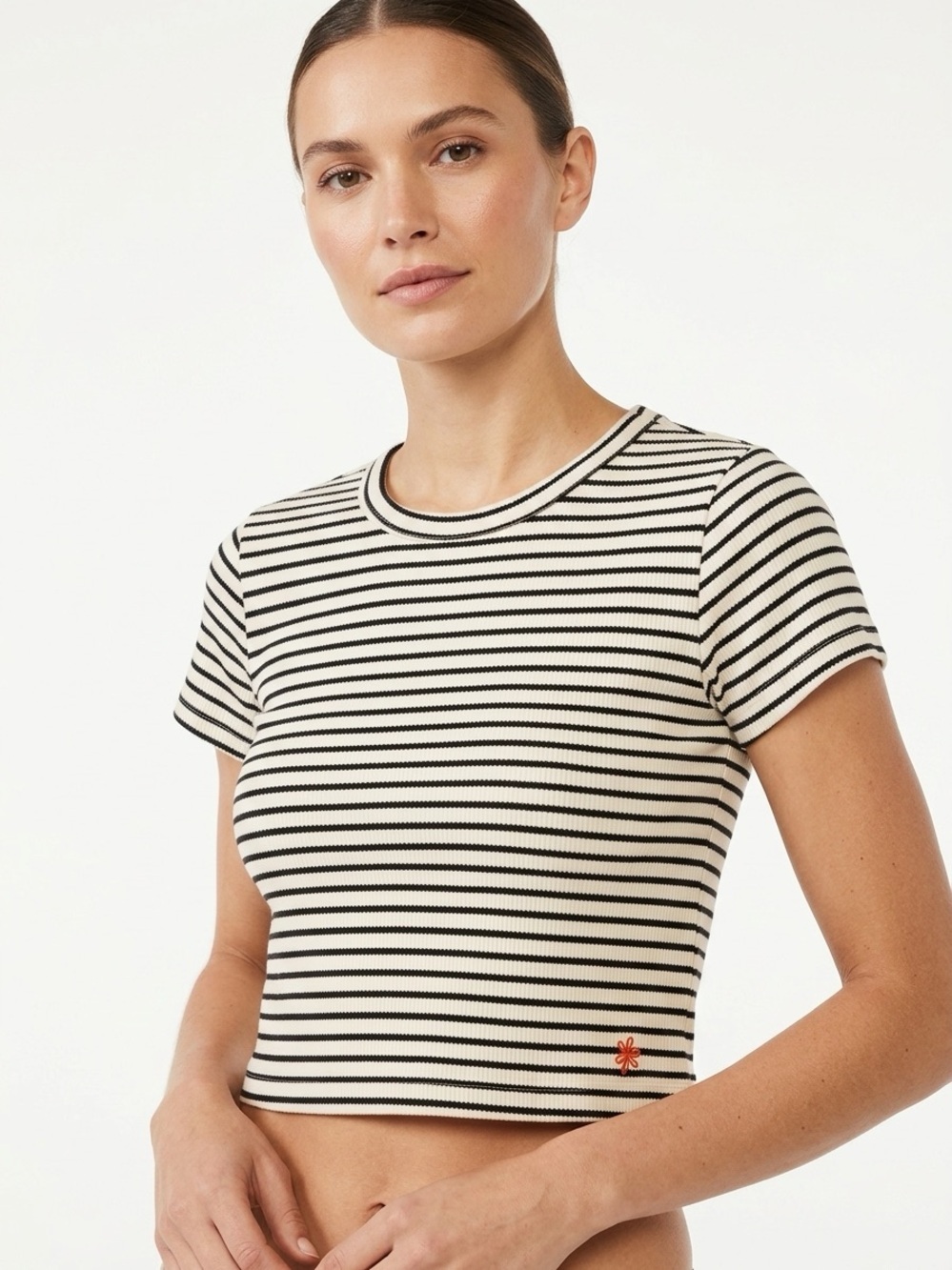 Samii Ryan Striped Ribbed Baby Tee Cropped Shirt Daisy Logo Black White M